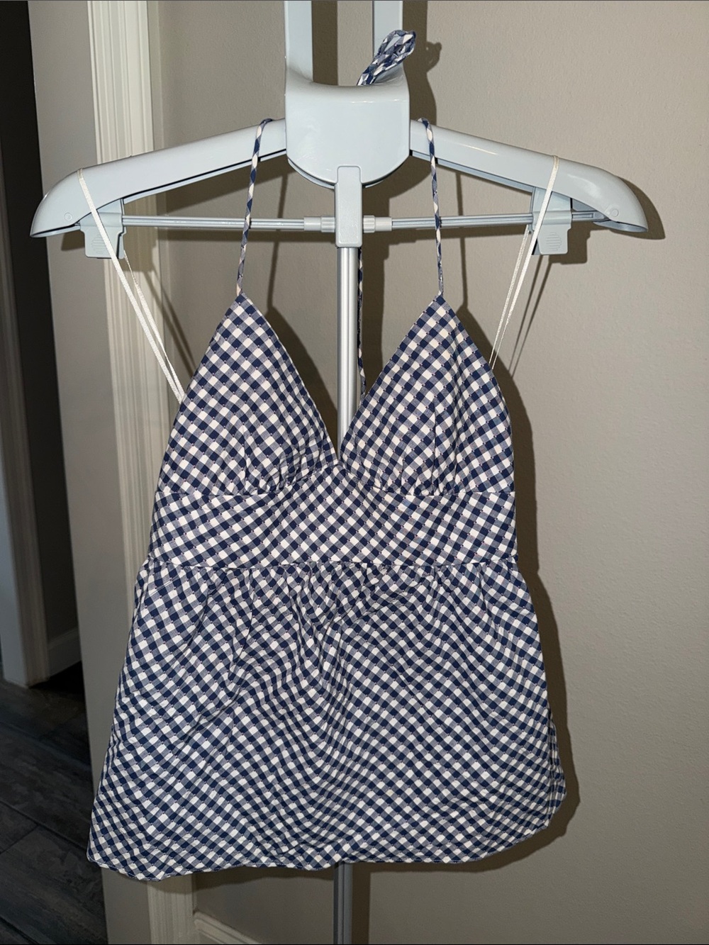 Tibi Blue and White Gingham Halter Top